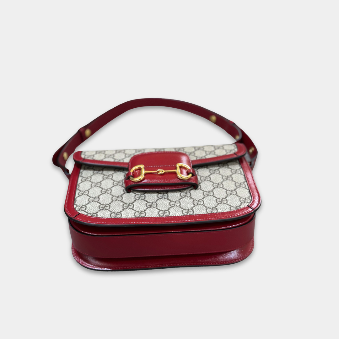Gucci Small Red GG Canvas 1955 Horsebit Shoulder Bag Kelly's Authentic Boutique