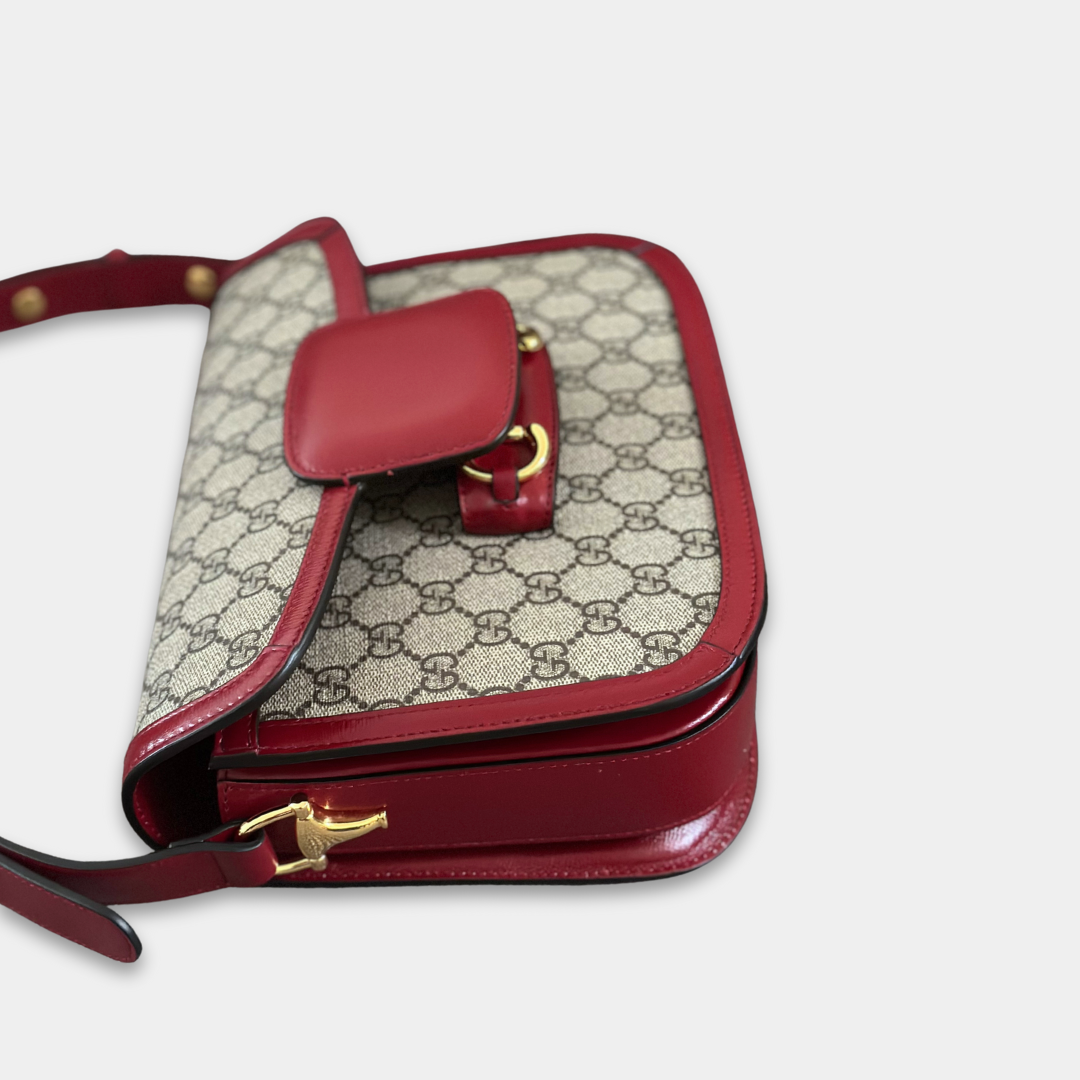 Gucci Small Red GG Canvas 1955 Horsebit Shoulder Bag Kelly's Authentic Boutique
