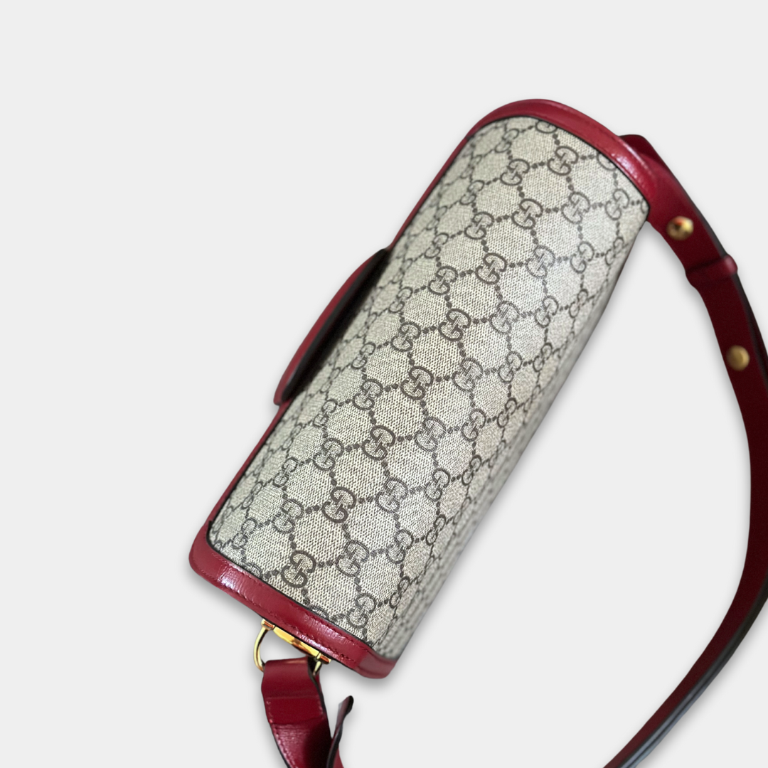 Gucci Small Red GG Canvas 1955 Horsebit Shoulder Bag Kelly's Authentic Boutique