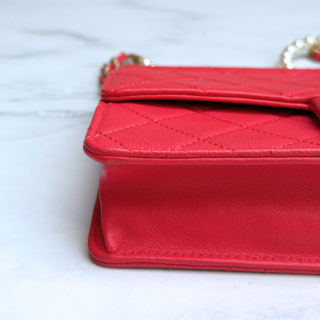 Chanel Orange Quilted Lambskin Pearl Wallet on Chain Kelly's Authentic Boutique