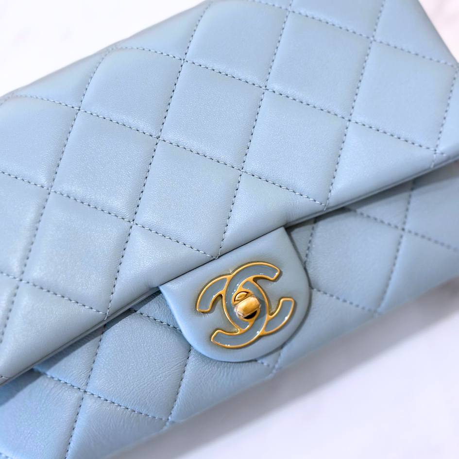 Microchipped 22P Baby Blue Medium Lambskin Enamel and Gold Tone Shoulder Bag Kelly's Authentic Boutique