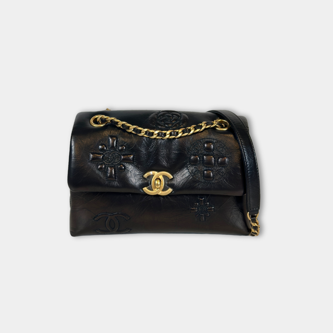 Chanel Black Aged Calfskin Camellia Embossed Flap Bag Kelly's Authentic Boutique