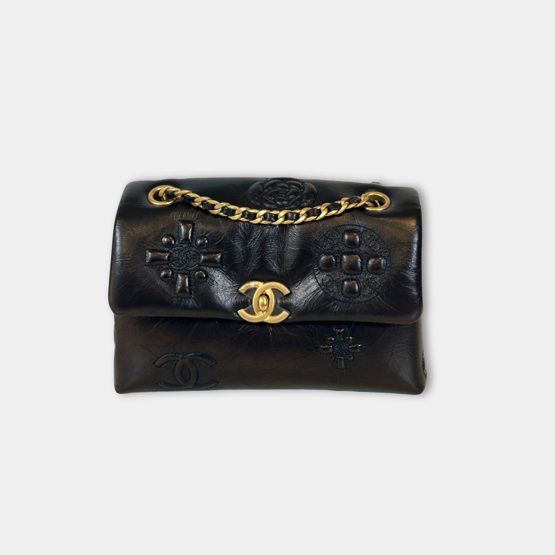 Chanel Black Aged Calfskin Camellia Embossed Flap Bag Kelly's Authentic Boutique