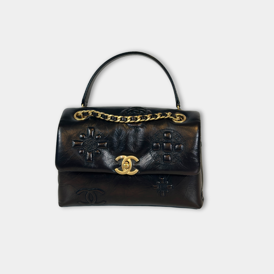 Chanel Black Aged Calfskin Camellia Embossed Flap Bag Kelly's Authentic Boutique