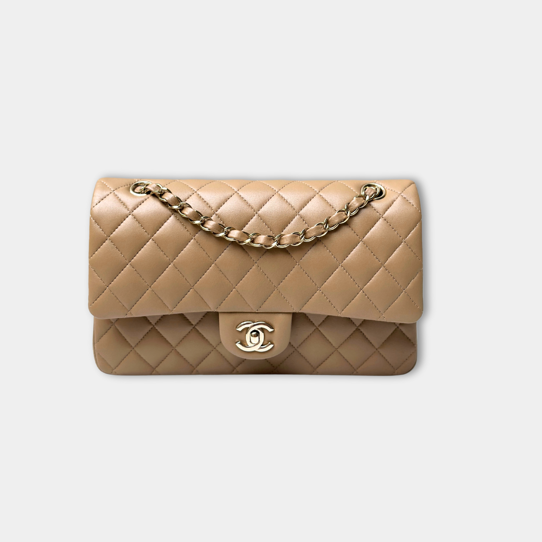 Chanel 22B Microchipped Dark Beige Lambskin Quilted Classic Flap Medium Light Gold Hardware Kelly's Authentic Boutique