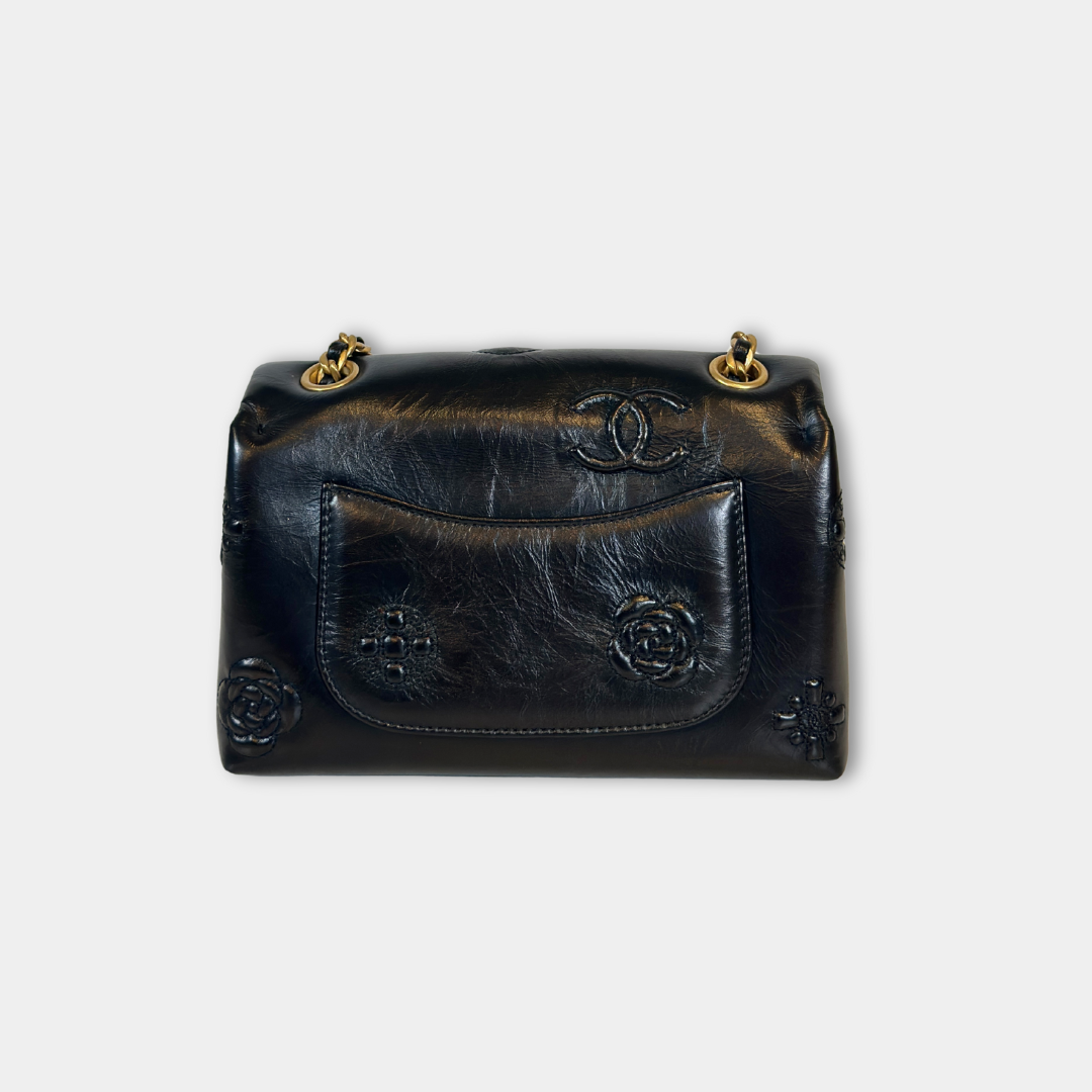 Chanel Black Aged Calfskin Camellia Embossed Flap Bag Kelly's Authentic Boutique