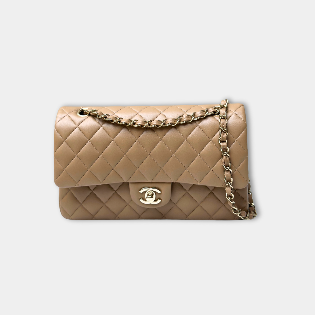 Chanel 22B Microchipped Dark Beige Lambskin Quilted Classic Flap Medium Light Gold Hardware Kelly's Authentic Boutique