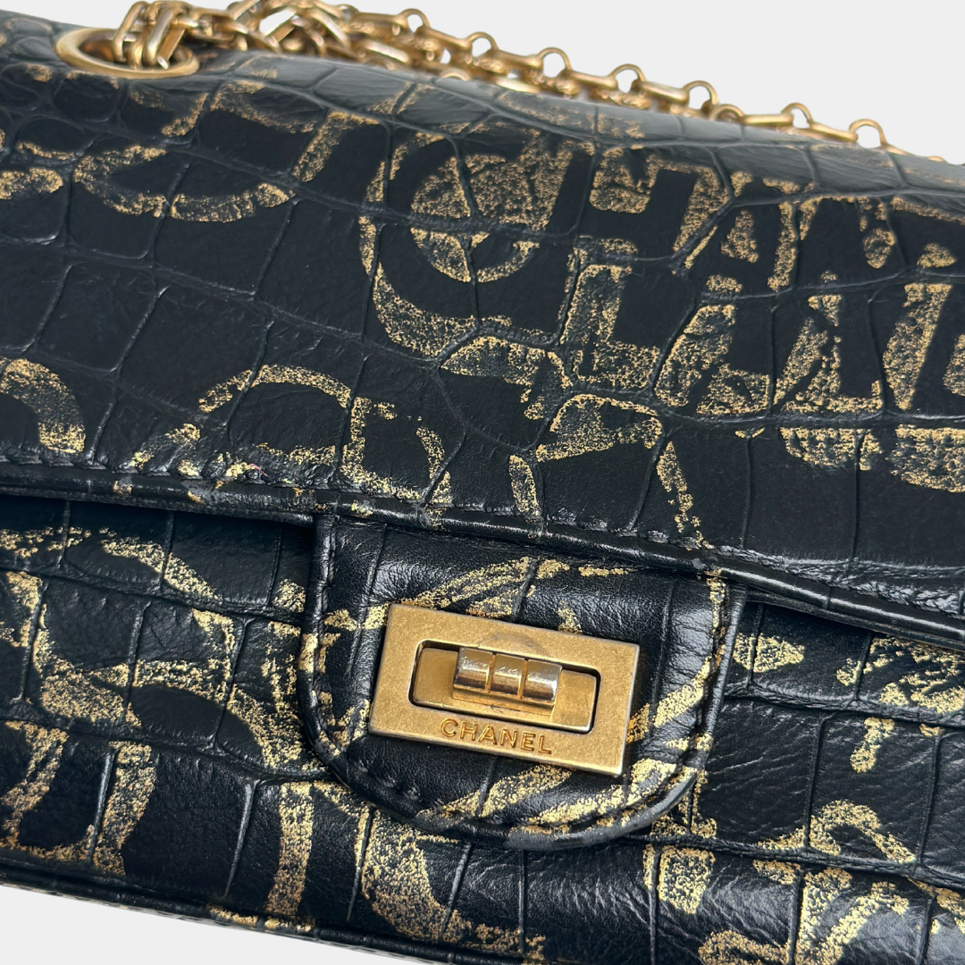 Limited Mini Reissue 2.55 Rectangular Metiers D’art  Croc Embossed Graffiti Flap Bag Kelly's Authentic Boutique