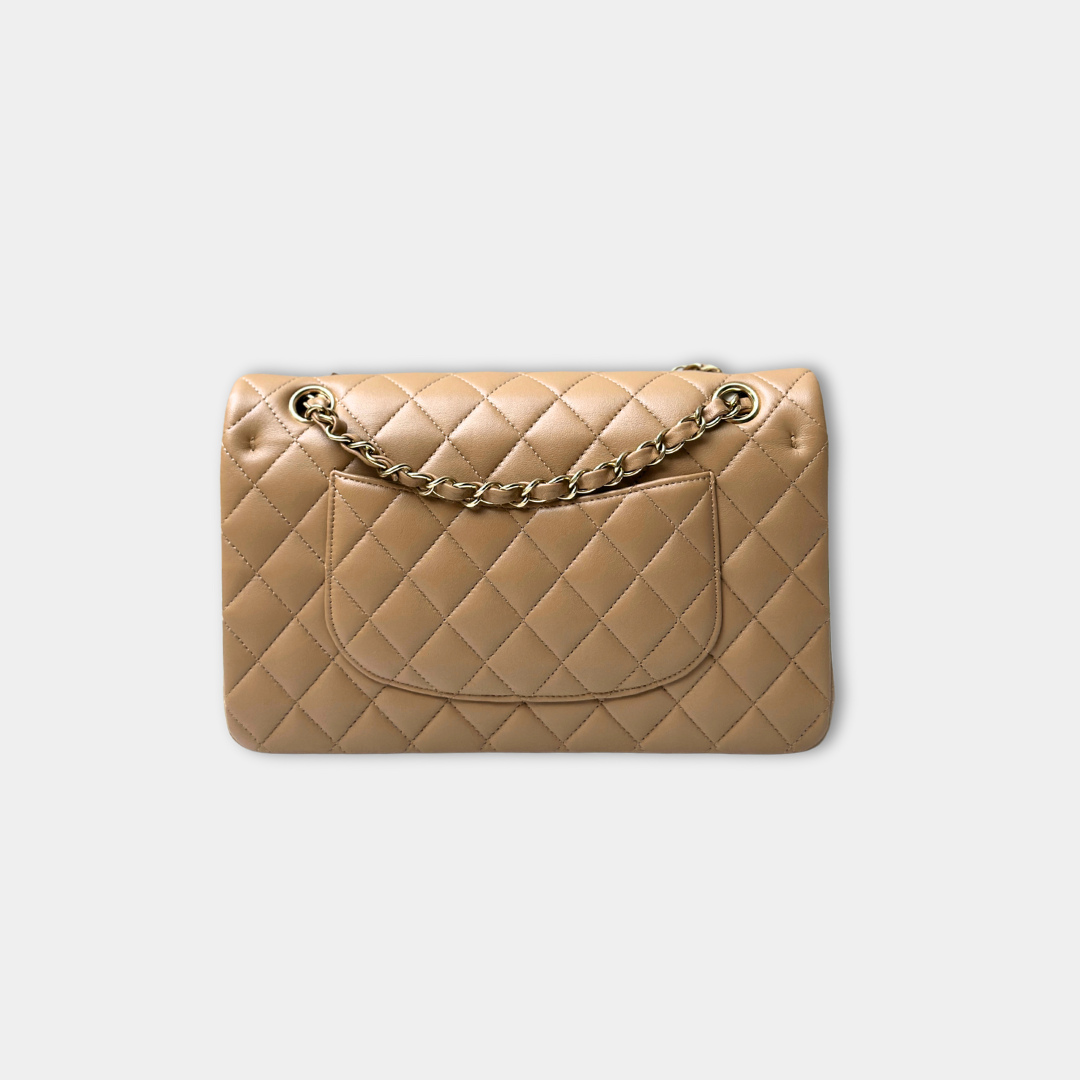 Chanel 22B Microchipped Dark Beige Lambskin Quilted Classic Flap Medium Light Gold Hardware Kelly's Authentic Boutique