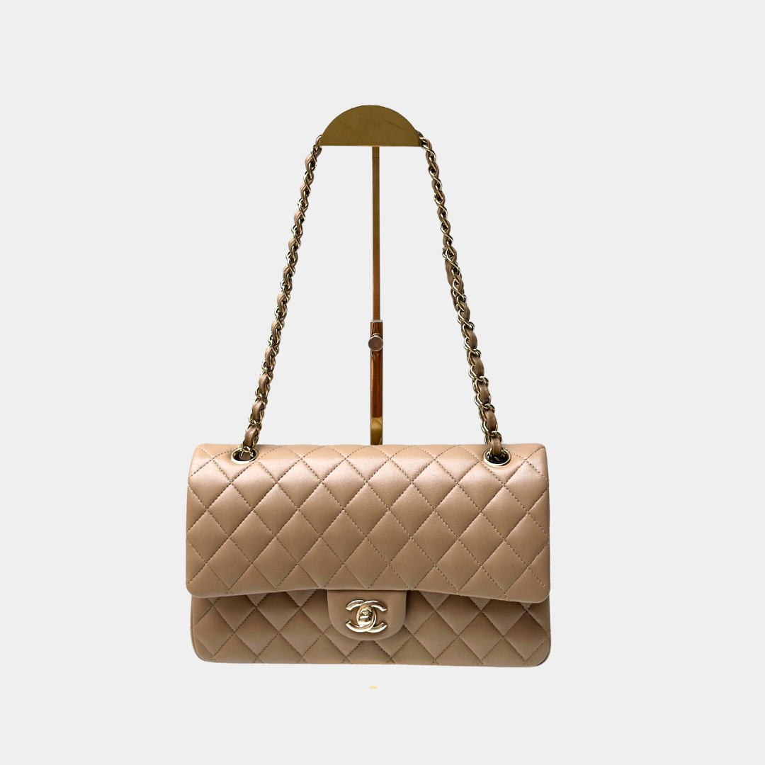Chanel 22B Microchipped Dark Beige Lambskin Quilted Classic Flap Medium Light Gold Hardware Kelly's Authentic Boutique
