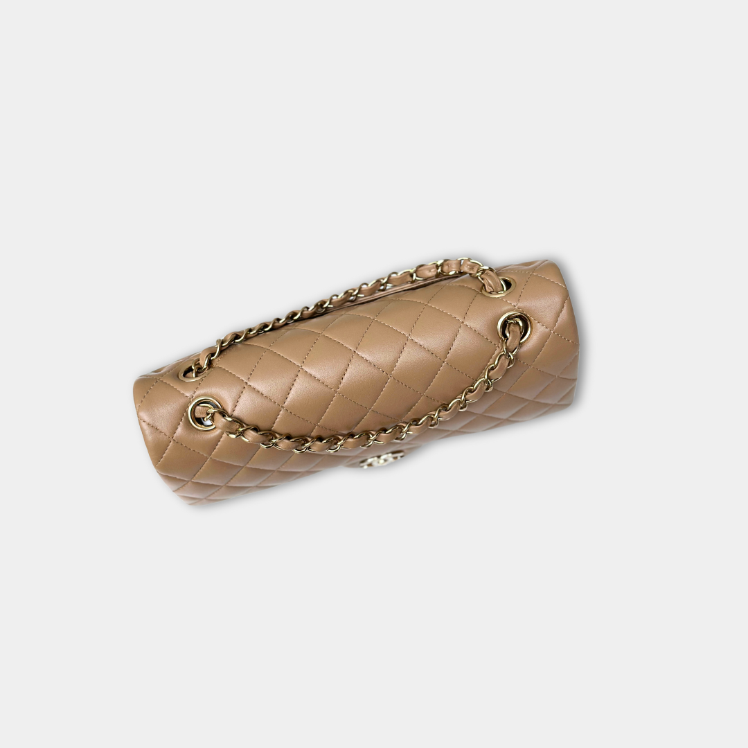 Chanel 22B Microchipped Dark Beige Lambskin Quilted Classic Flap Medium Light Gold Hardware Kelly's Authentic Boutique