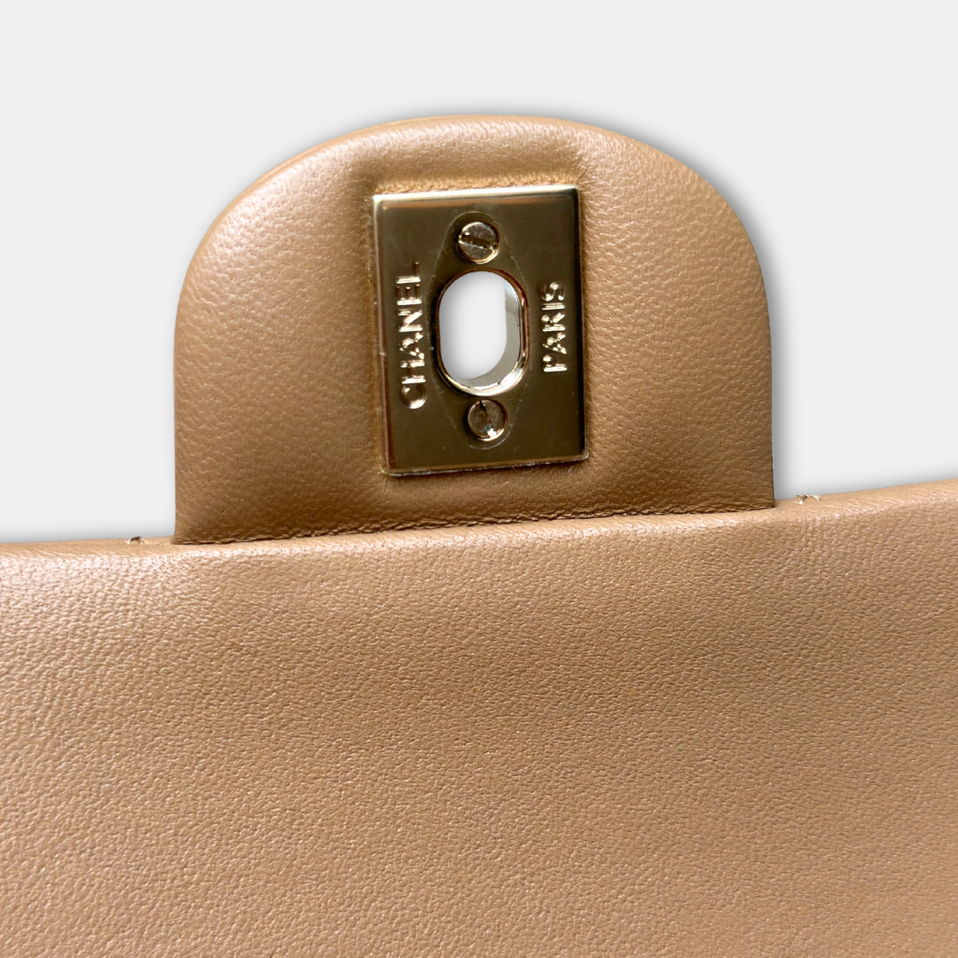 Chanel 22B Microchipped Dark Beige Lambskin Quilted Classic Flap Medium Light Gold Hardware Kelly's Authentic Boutique
