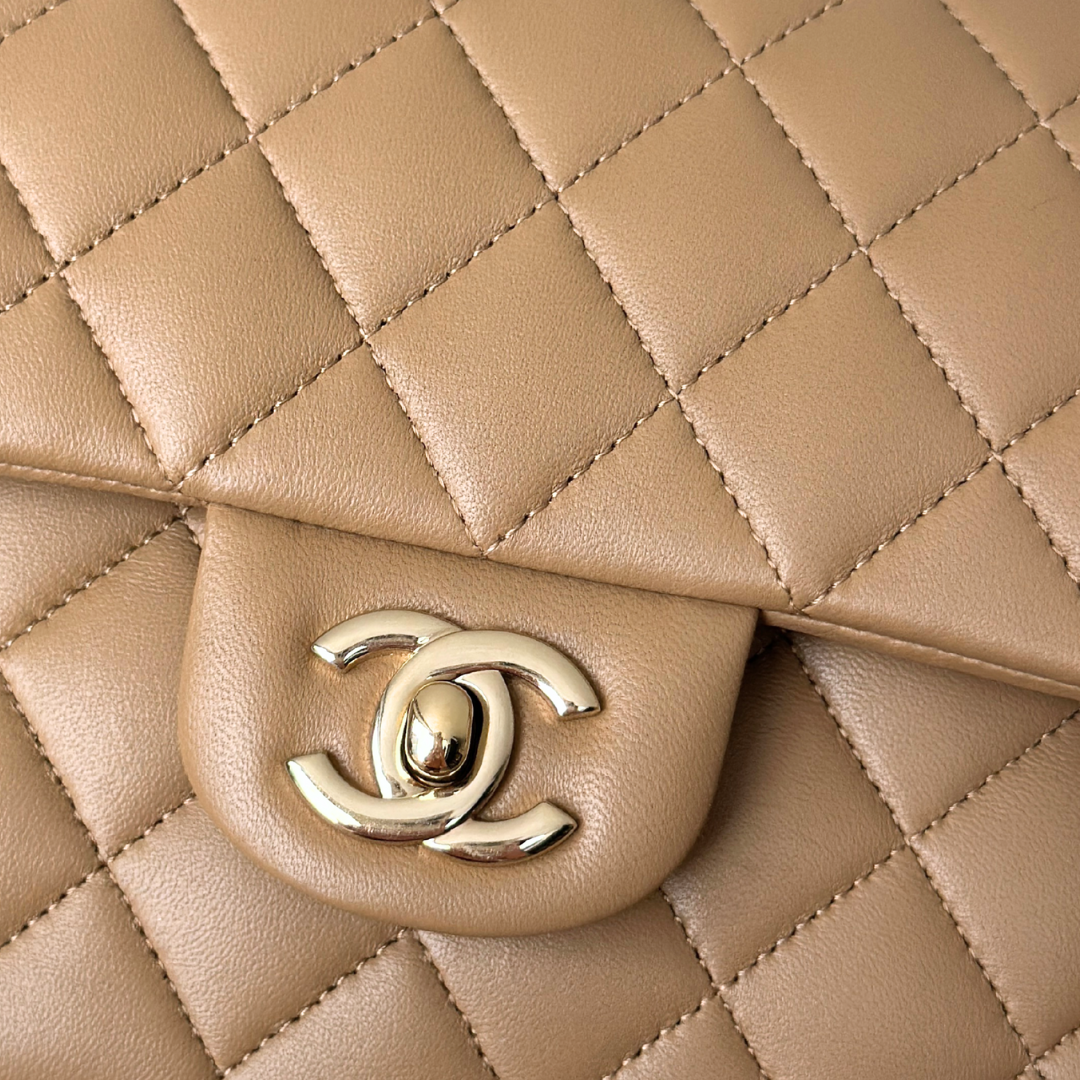 Chanel 22B Microchipped Dark Beige Lambskin Quilted Classic Flap Medium Light Gold Hardware Kelly's Authentic Boutique