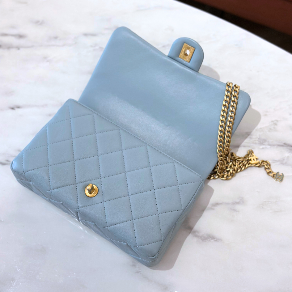 Microchipped 22P Baby Blue Medium Lambskin Enamel and Gold Tone Shoulder Bag Kelly's Authentic Boutique