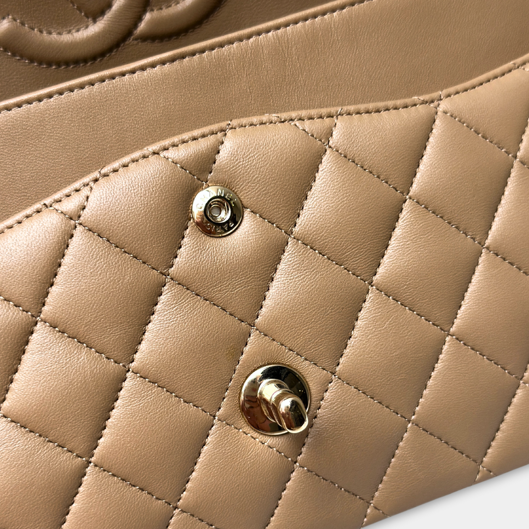 Chanel 22B Microchipped Dark Beige Lambskin Quilted Classic Flap Medium Light Gold Hardware Kelly's Authentic Boutique