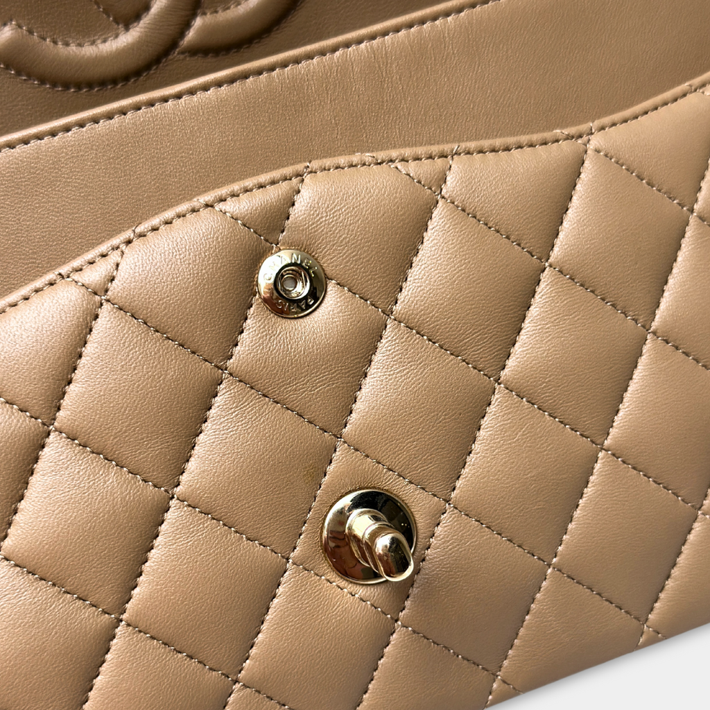 Chanel 22B Microchipped Dark Beige Lambskin Quilted Classic Flap Medium Light Gold Hardware Kelly's Authentic Boutique