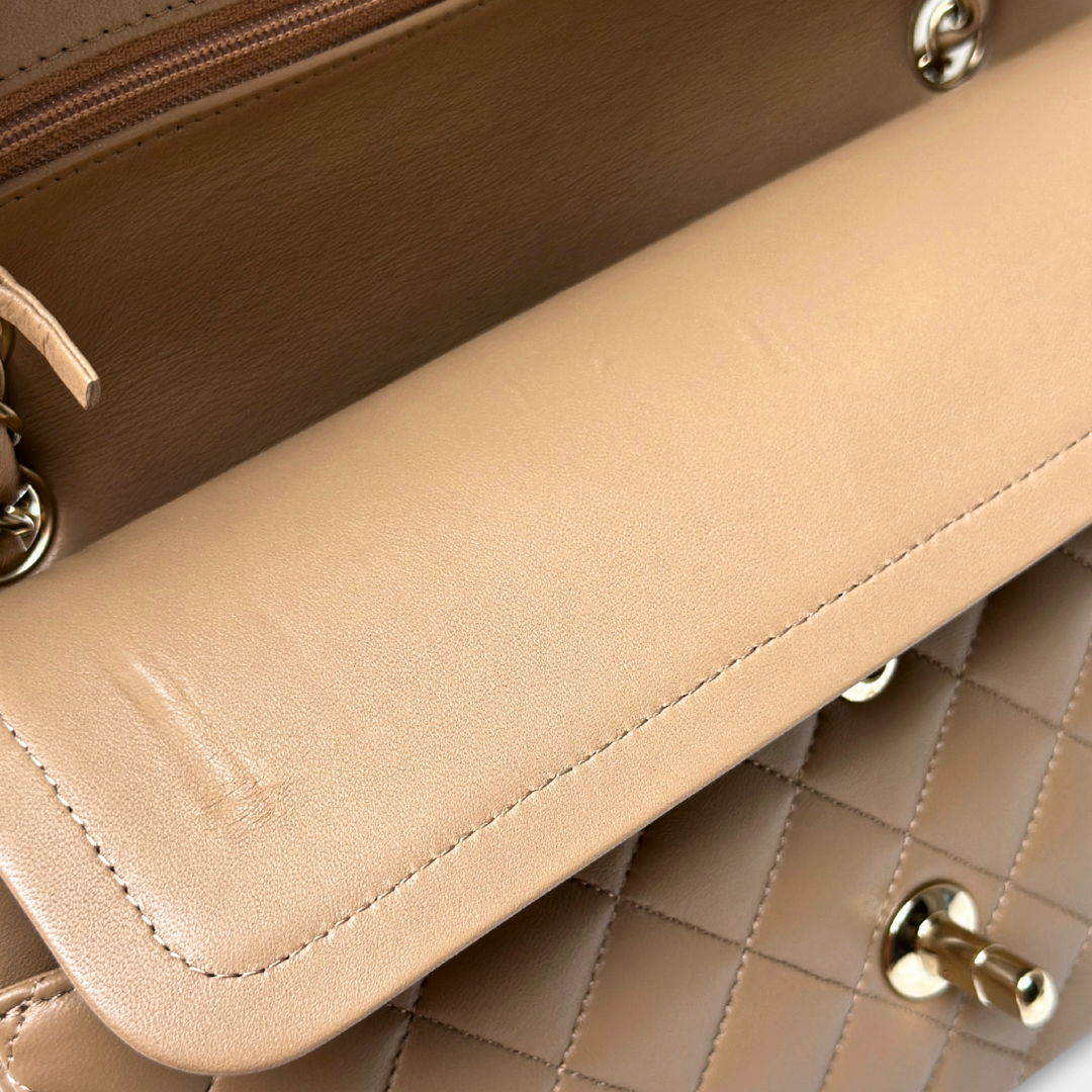 Chanel 22B Microchipped Dark Beige Lambskin Quilted Classic Flap Medium Light Gold Hardware Kelly's Authentic Boutique