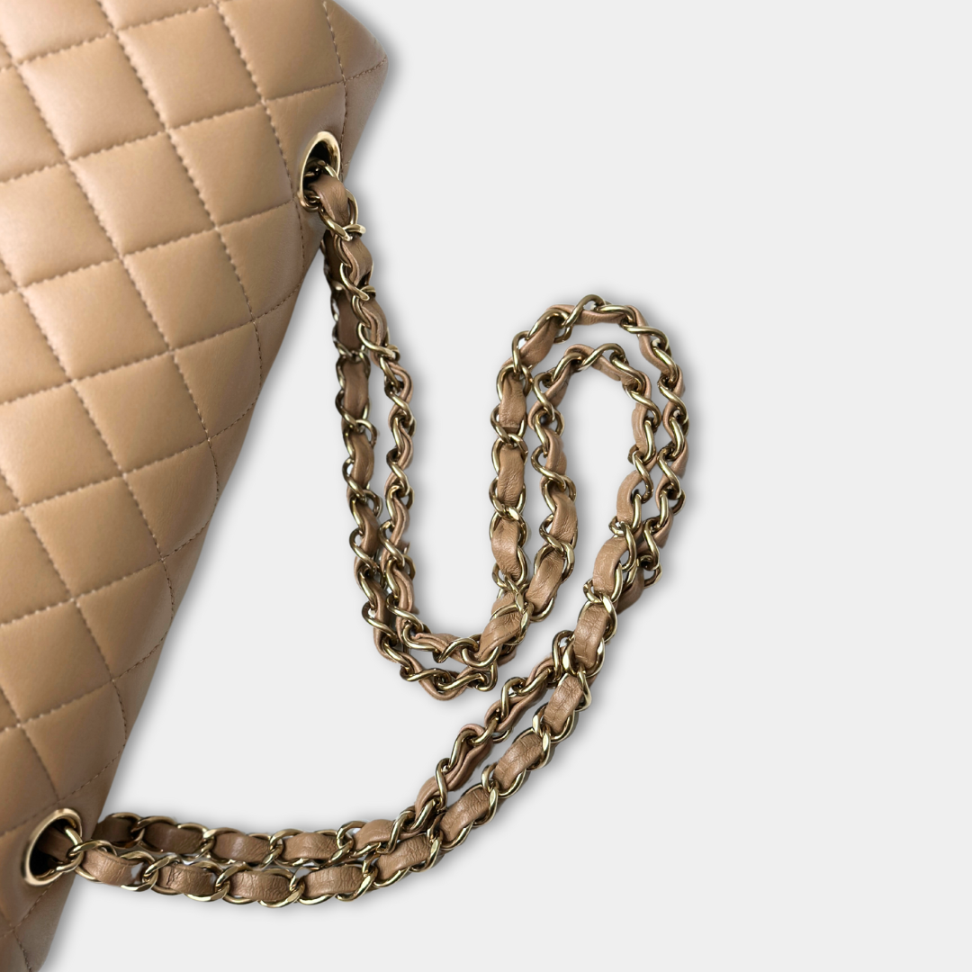 Chanel 22B Microchipped Dark Beige Lambskin Quilted Classic Flap Medium Light Gold Hardware Kelly's Authentic Boutique