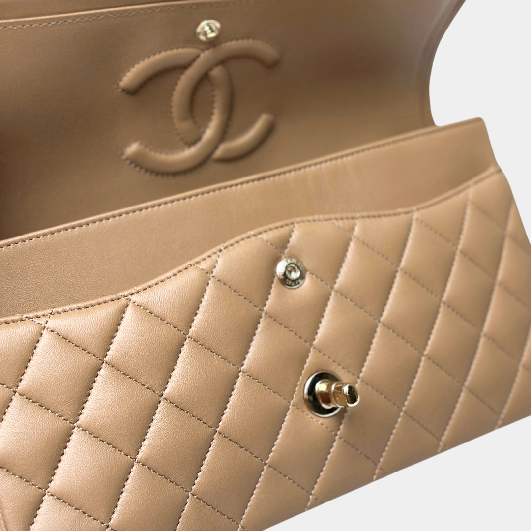 Chanel 22B Microchipped Dark Beige Lambskin Quilted Classic Flap Medium Light Gold Hardware Kelly's Authentic Boutique