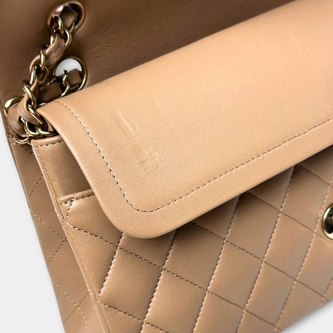 Chanel 22B Microchipped Dark Beige Lambskin Quilted Classic Flap Medium Light Gold Hardware Kelly's Authentic Boutique