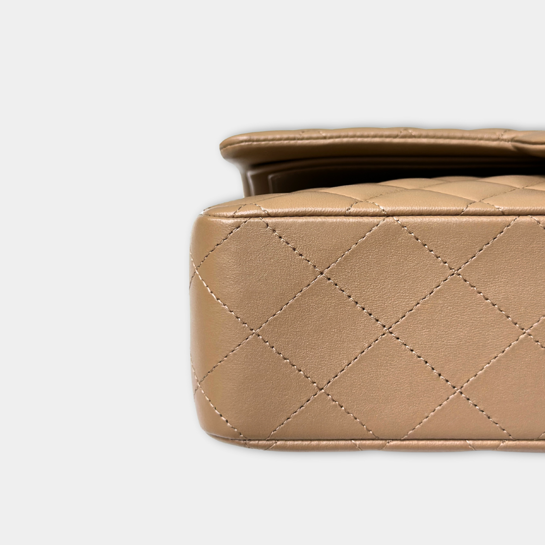 Chanel 22B Microchipped Dark Beige Lambskin Quilted Classic Flap Medium Light Gold Hardware Kelly's Authentic Boutique