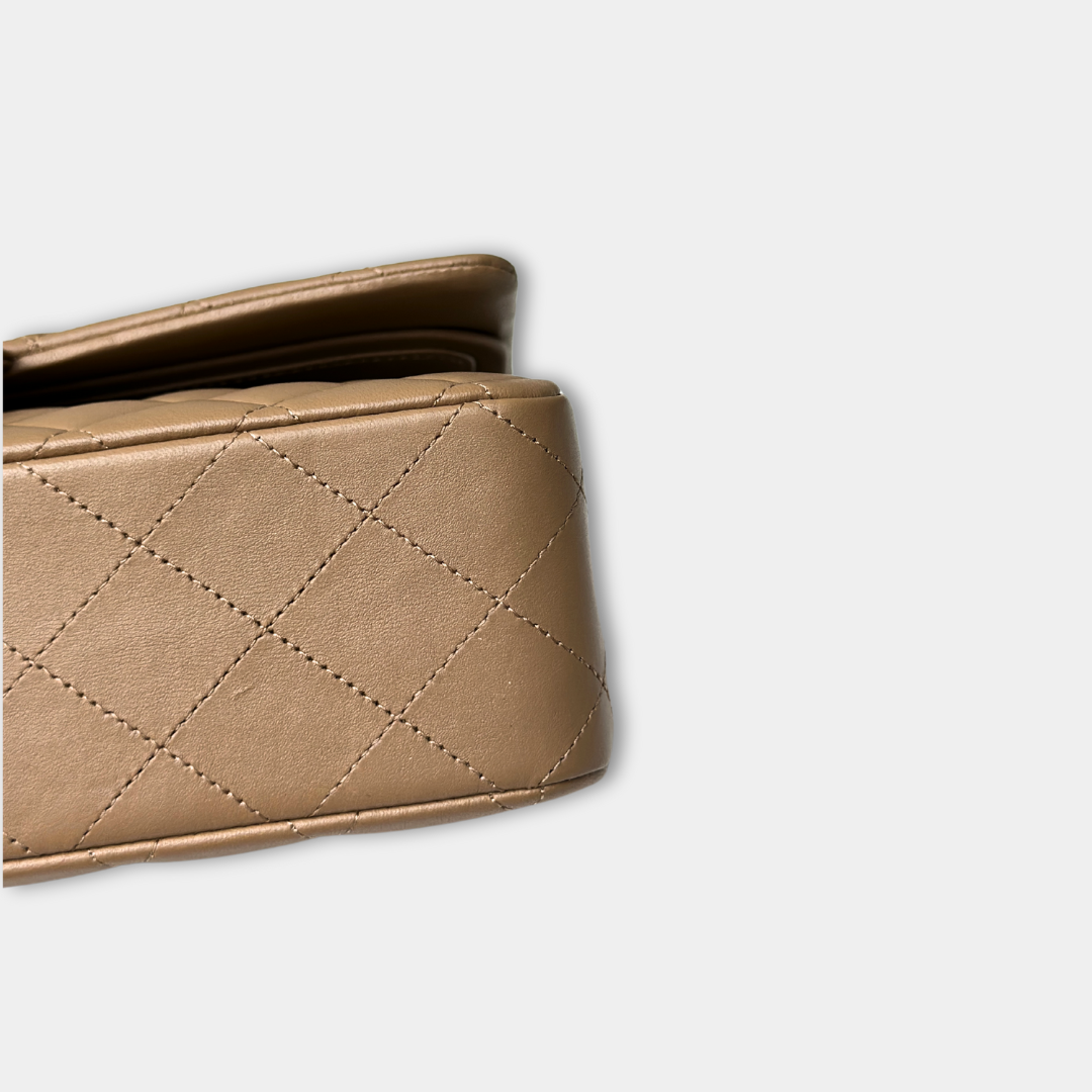 Chanel 22B Microchipped Dark Beige Lambskin Quilted Classic Flap Medium Light Gold Hardware Kelly's Authentic Boutique