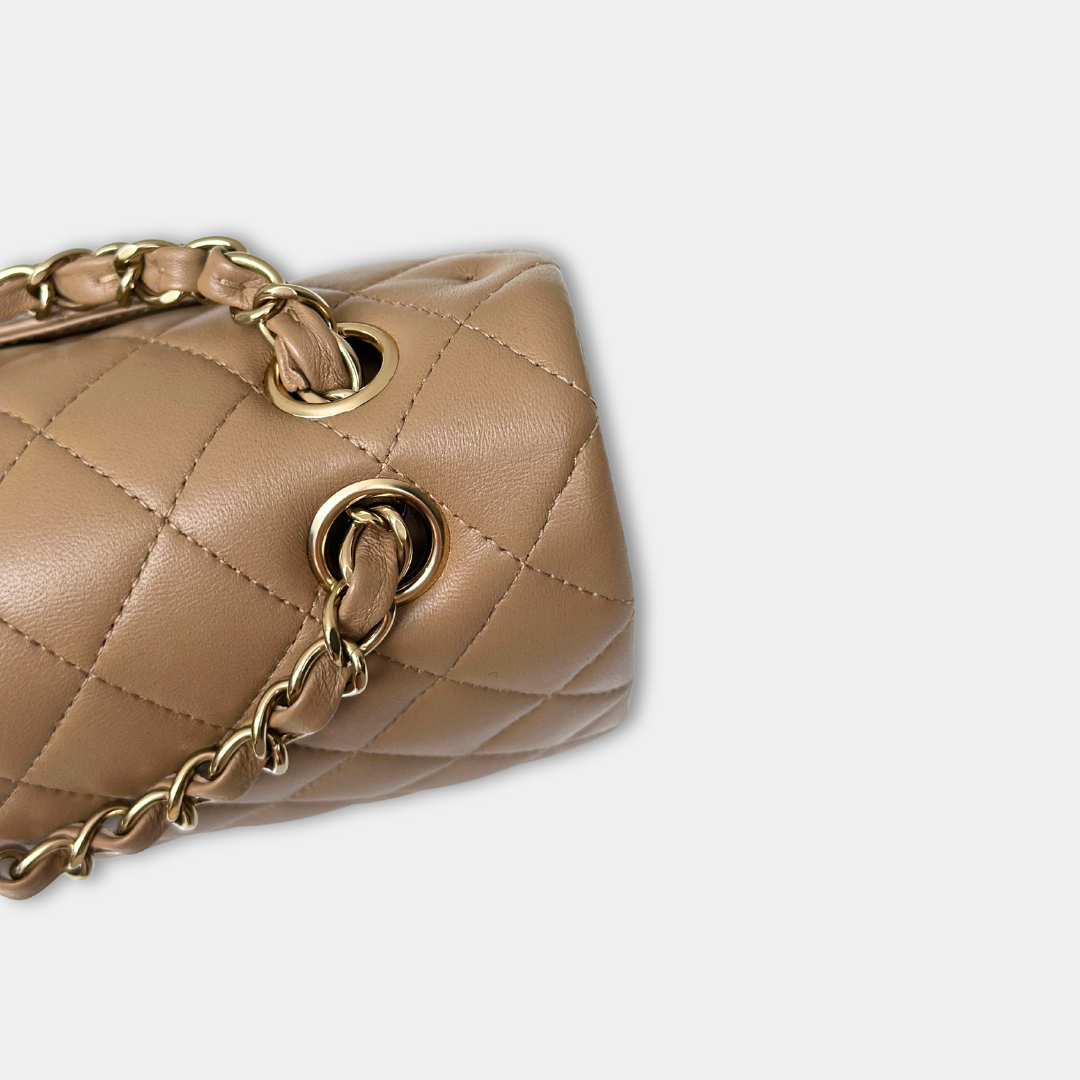 Chanel 22B Microchipped Dark Beige Lambskin Quilted Classic Flap Medium Light Gold Hardware Kelly's Authentic Boutique