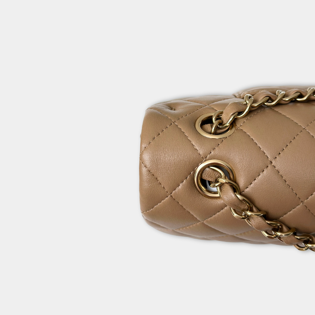 Chanel 22B Microchipped Dark Beige Lambskin Quilted Classic Flap Medium Light Gold Hardware Kelly's Authentic Boutique