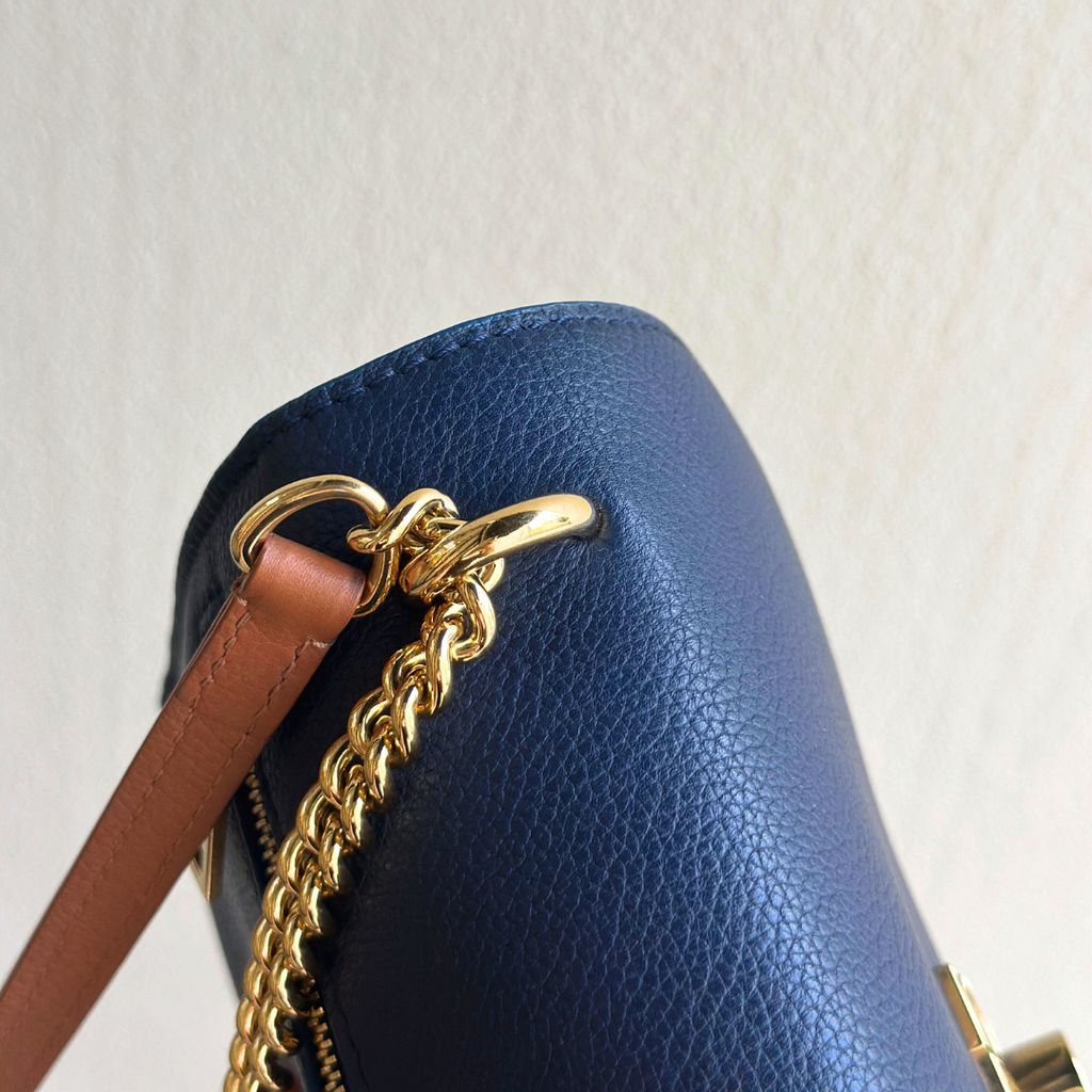 Louis Vuitton Microchipped MyLockMe Creme Navy Chain Shoulder Bag - Kelly's Authentic Boutique