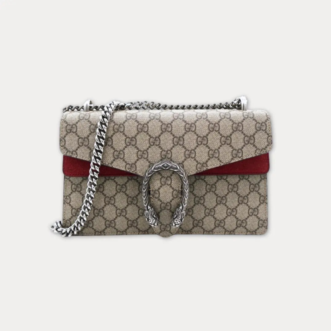 Gucci Small Dionysus GG Supreme With Red Suede Kelly's Authentic Boutique