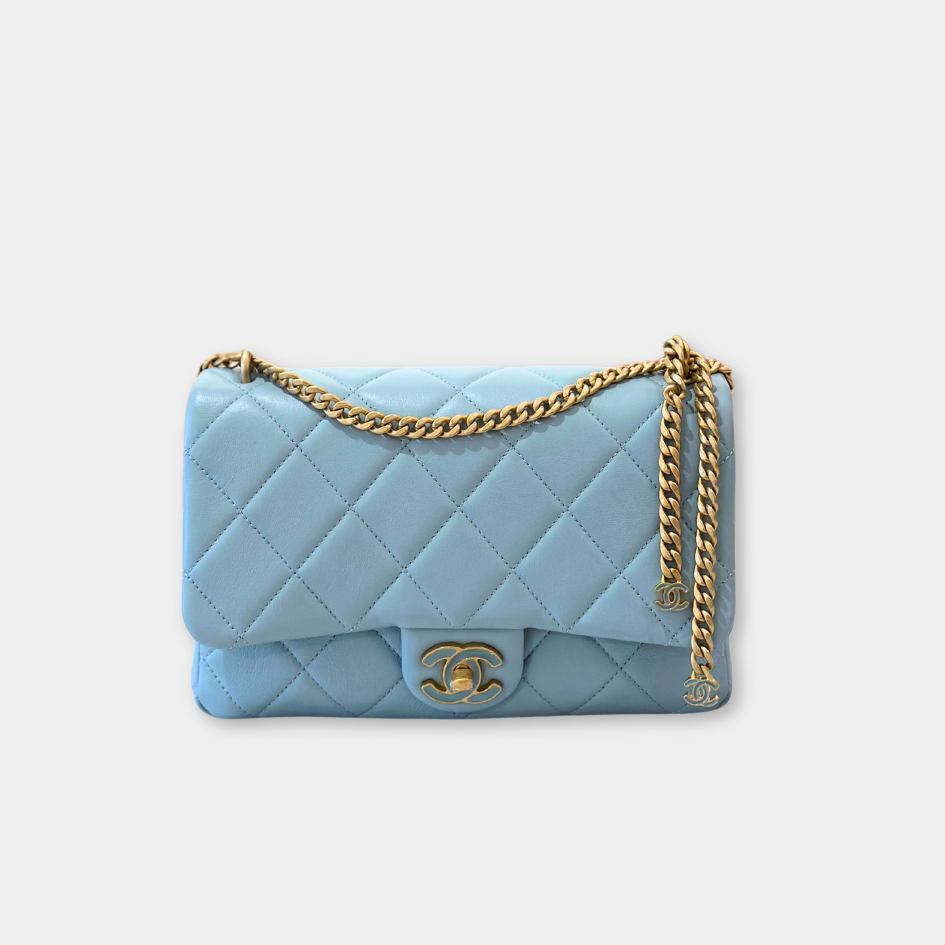 Microchipped 22P Baby Blue Medium Lambskin Enamel and Gold Tone Shoulder Bag Kelly's Authentic Boutique
