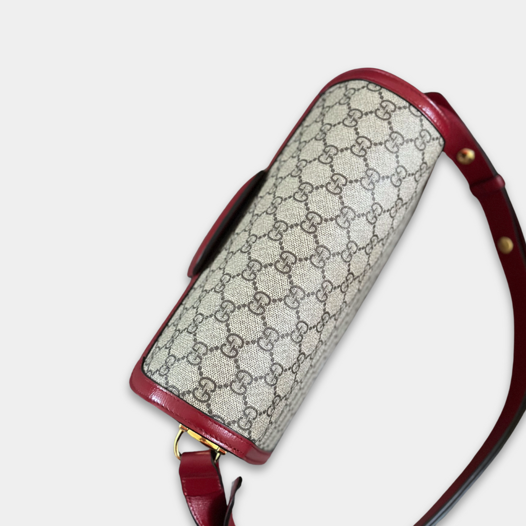 Gucci Small Red GG Canvas 1955 Horsebit Shoulder Bag Kelly's Authentic Boutique