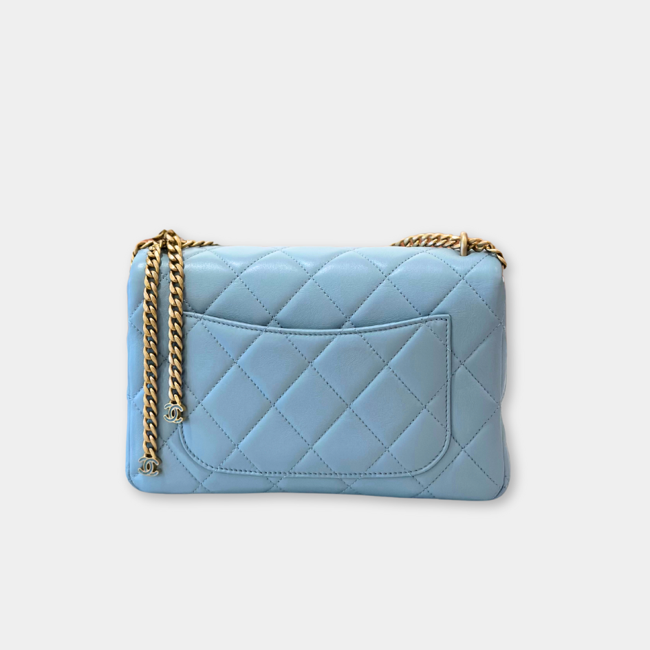 Microchipped 22P Baby Blue Medium Lambskin Enamel and Gold Tone Shoulder Bag Kelly's Authentic Boutique