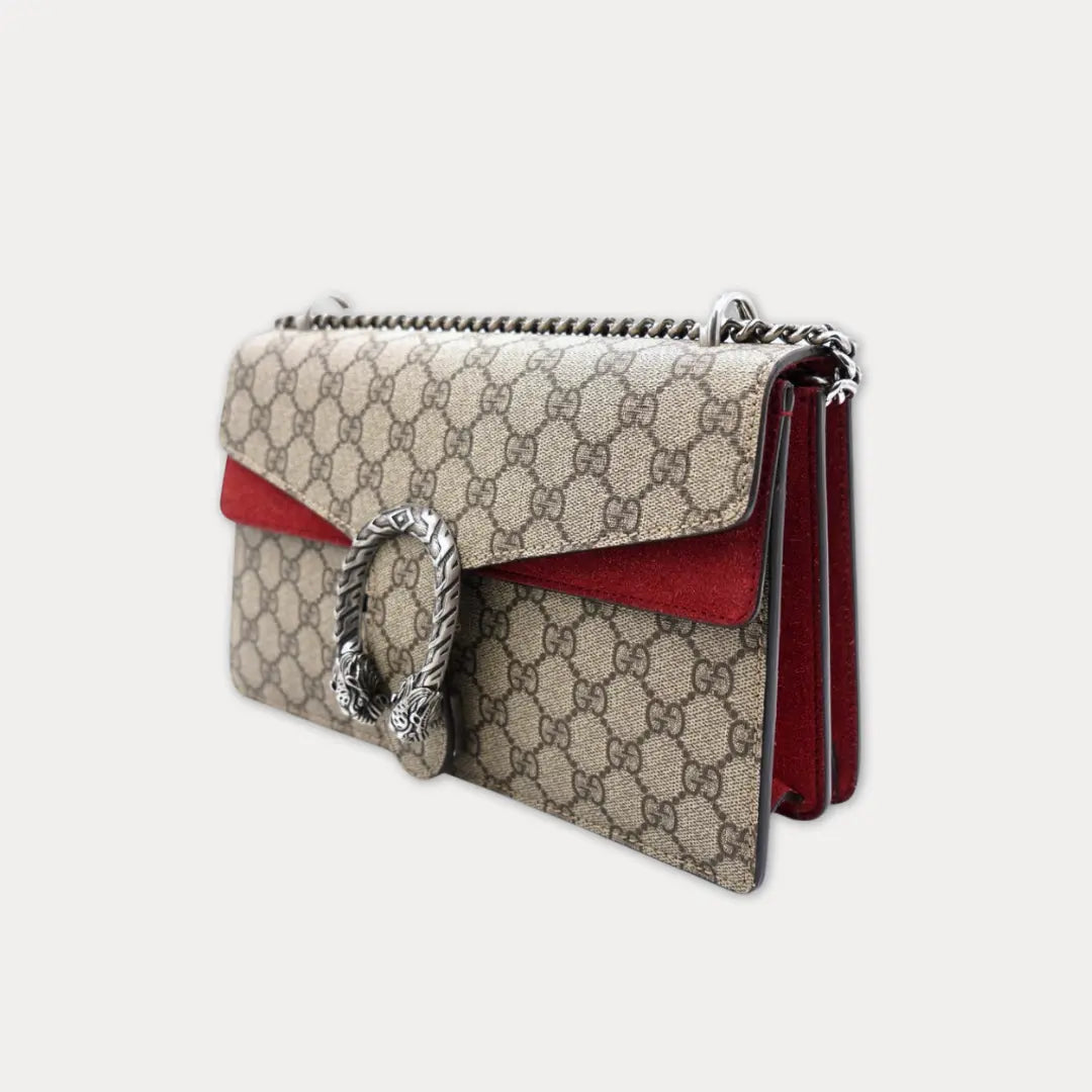 Gucci Small Dionysus GG Supreme With Red Suede Kelly's Authentic Boutique