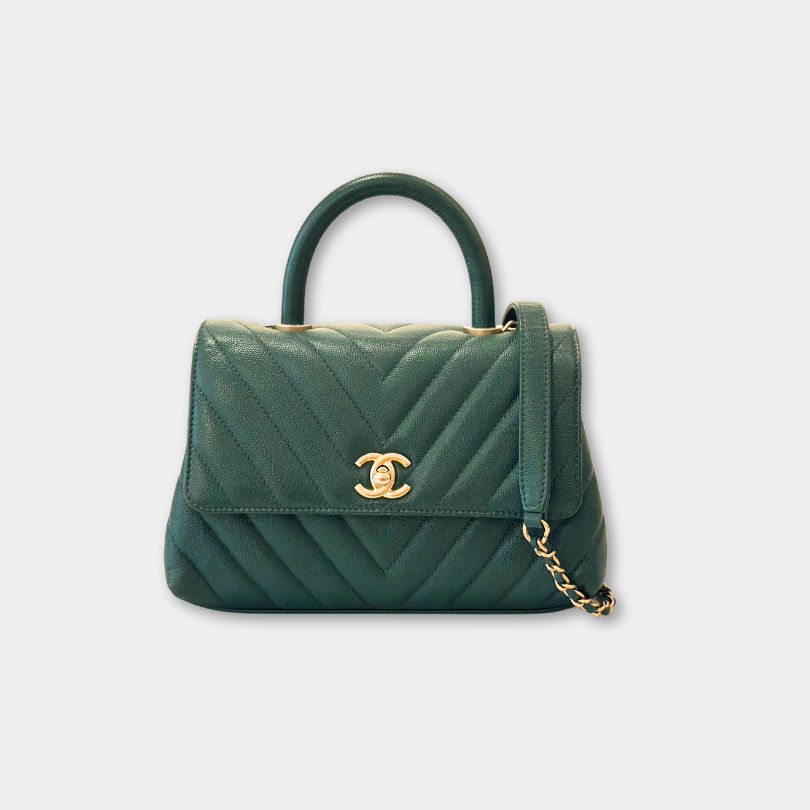 Chanel Green Caviar Chevron Small Coco Top Handle Bag with AGHW Kelly's Authentic Boutique