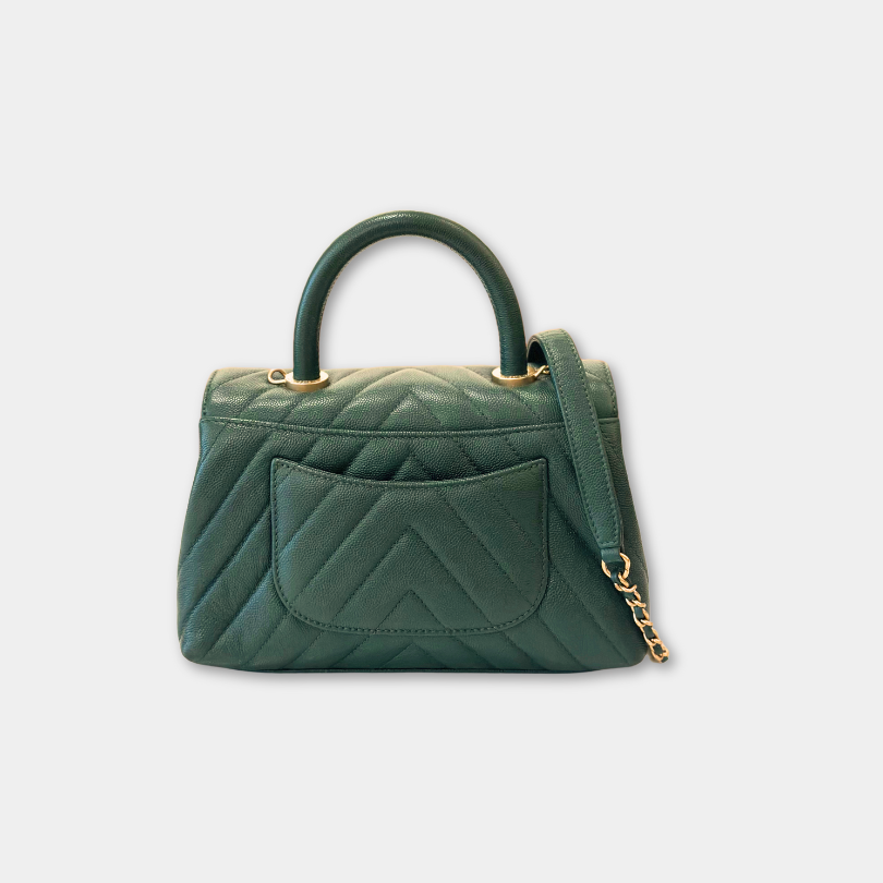 Chanel Green Caviar Chevron Small Coco Top Handle Bag with AGHW Kelly's Authentic Boutique