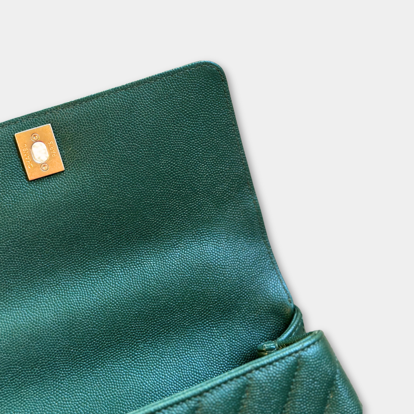 Chanel Green Caviar Chevron Small Coco Top Handle Bag with AGHW Kelly's Authentic Boutique