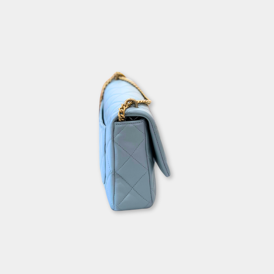 Microchipped 22P Baby Blue Medium Lambskin Enamel and Gold Tone Shoulder Bag Kelly's Authentic Boutique