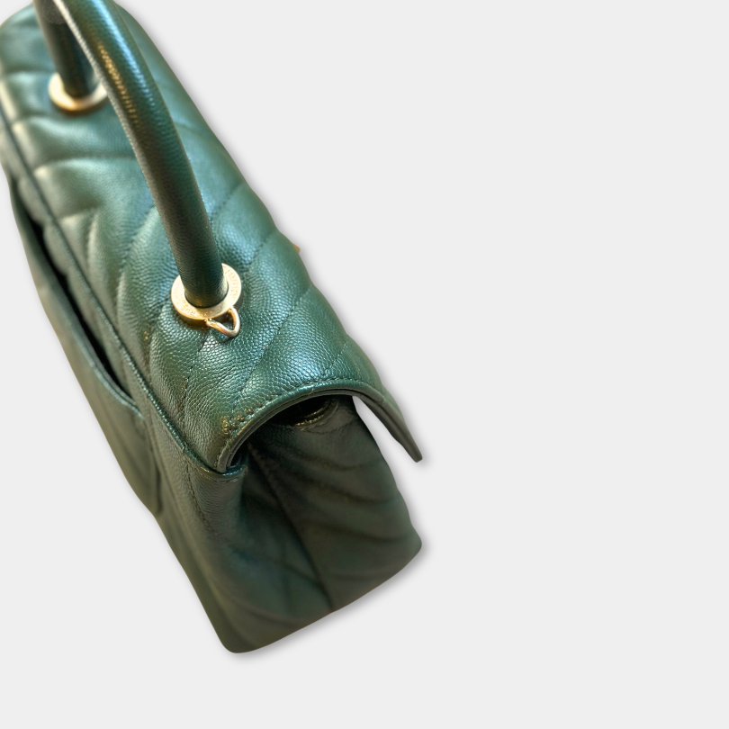 Chanel Green Caviar Chevron Small Coco Top Handle Bag with AGHW Kelly's Authentic Boutique