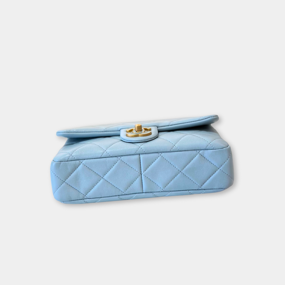 Microchipped 22P Baby Blue Medium Lambskin Enamel and Gold Tone Shoulder Bag Kelly's Authentic Boutique