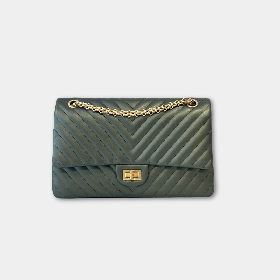 Chanel Metallic Green Chevron Quilted Calfskin Reissue Classic Flap Kelly's Authentic Boutique