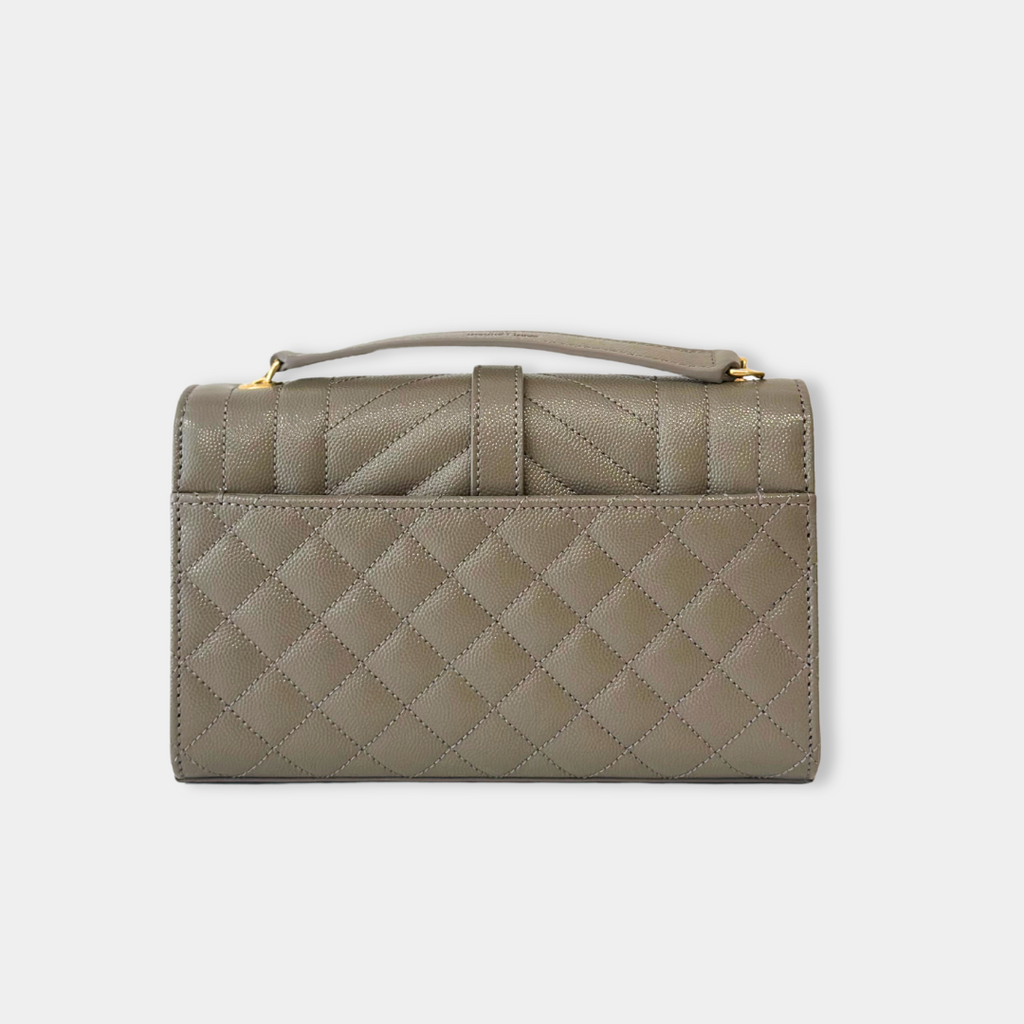 Saint Laurent Small Quilted Grain Grey Envelope Shoulder Bag with GHW Kelly's Authentic Boutique