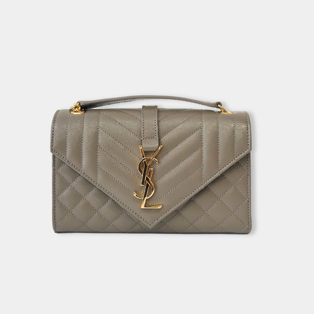 Saint Laurent Small Quilted Grain Grey Envelope Shoulder Bag with GHW Kelly's Authentic Boutique