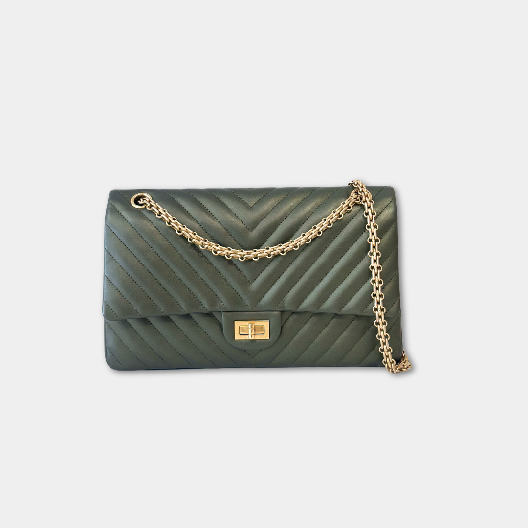 Chanel Metallic Green Chevron Quilted Calfskin Reissue Classic Flap Kelly's Authentic Boutique
