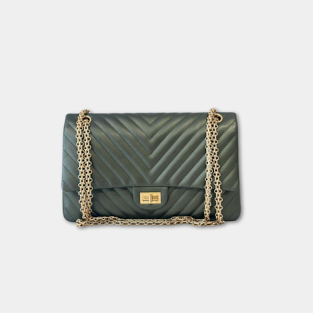 Chanel Metallic Green Chevron Quilted Calfskin Reissue Classic Flap Kelly's Authentic Boutique