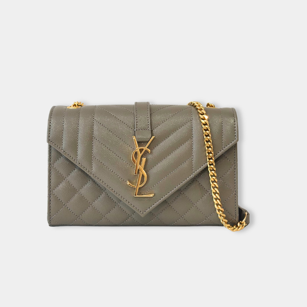 Saint Laurent Small Quilted Grain Grey Envelope Shoulder Bag with GHW Kelly's Authentic Boutique