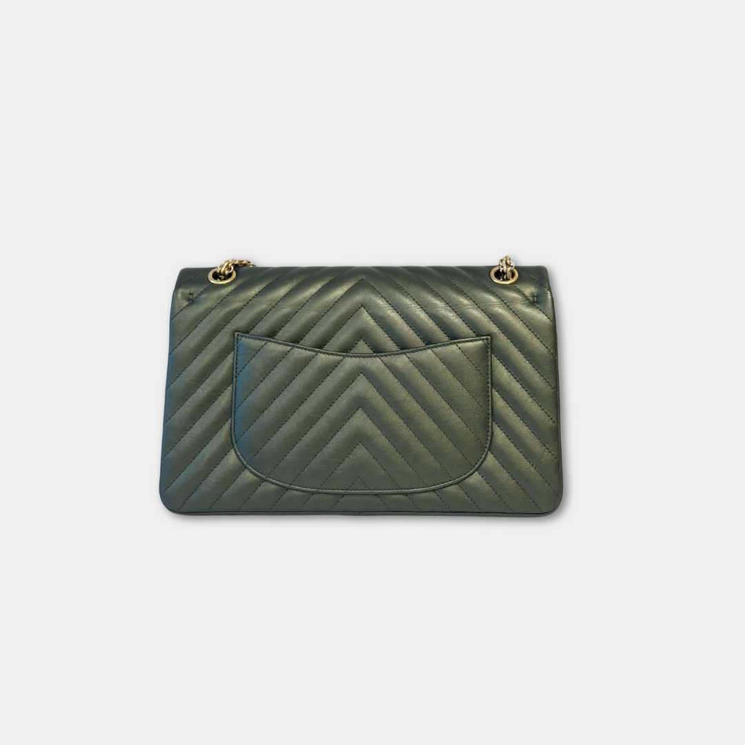 Chanel Metallic Green Chevron Quilted Calfskin Reissue Classic Flap Kelly's Authentic Boutique