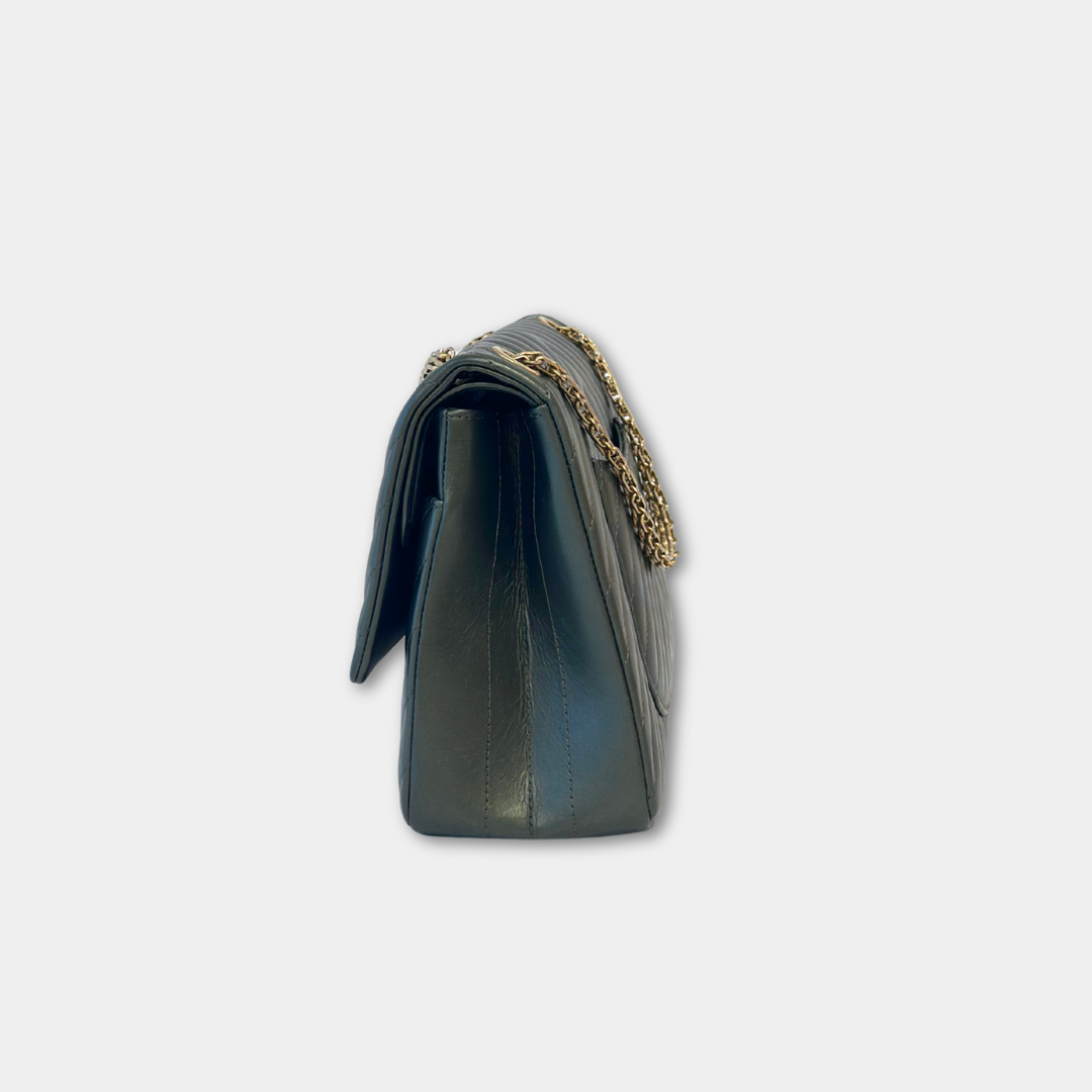 Chanel Metallic Green Chevron Quilted Calfskin Reissue Classic Flap Kelly's Authentic Boutique