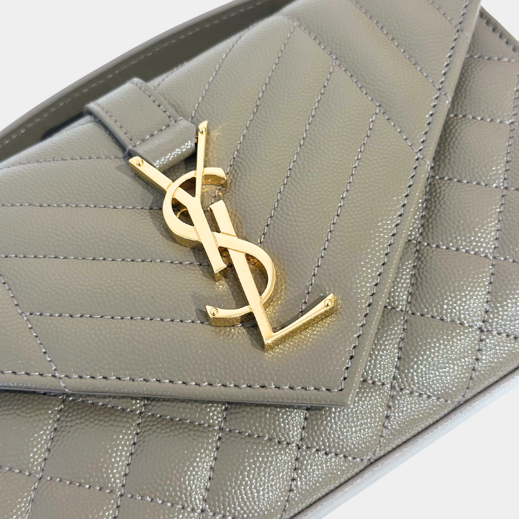 Saint Laurent Small Quilted Grain Grey Envelope Shoulder Bag with GHW Kelly's Authentic Boutique