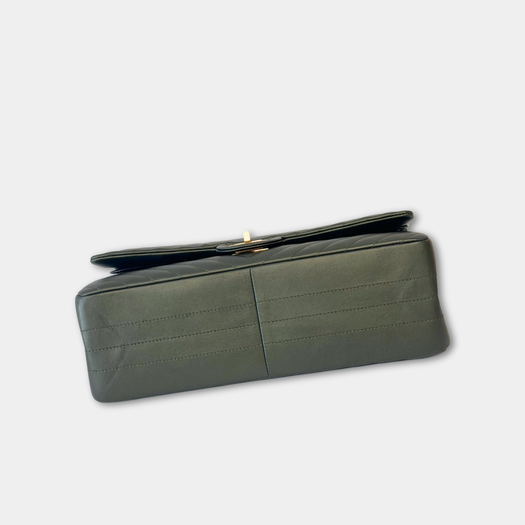 Chanel Metallic Green Chevron Quilted Calfskin Reissue Classic Flap Kelly's Authentic Boutique